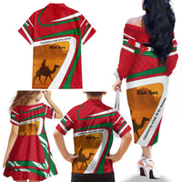 Wadi Rum Desert Family Matching Off The Shoulder Long Sleeve Dress and Hawaiian Shirt with Camel Rider and Jordan Flag Colors