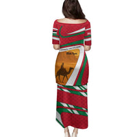 Wadi Rum Desert Family Matching Puletasi and Hawaiian Shirt with Camel Rider and Jordan Flag Colors