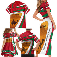 Wadi Rum Desert Family Matching Short Sleeve Bodycon Dress and Hawaiian Shirt with Camel Rider and Jordan Flag Colors