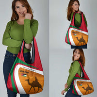 Wadi Rum Desert Grocery Bag with Camel Rider and Jordan Flag Colors