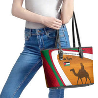 Wadi Rum Desert Leather Tote Bag with Camel Rider and Jordan Flag Colors