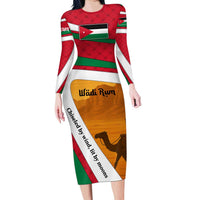 Wadi Rum Desert Long Sleeve Bodycon Dress with Camel Rider and Jordan Flag Colors
