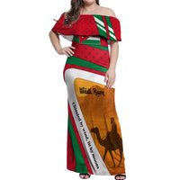 Wadi Rum Desert Off Shoulder Maxi Dress with Camel Rider and Jordan Flag Colors