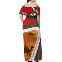Wadi Rum Desert Off Shoulder Maxi Dress with Camel Rider and Jordan Flag Colors