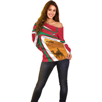 Wadi Rum Desert Off Shoulder Sweater with Camel Rider and Jordan Flag Colors