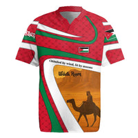 Wadi Rum Desert Rugby Jersey with Camel Rider and Jordan Flag Colors