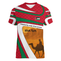 Wadi Rum Desert Women V-Neck T-Shirt with Camel Rider and Jordan Flag Colors