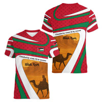 Wadi Rum Desert Women V-Neck T-Shirt with Camel Rider and Jordan Flag Colors