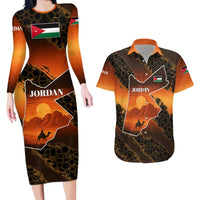 Jordan Desert Sunset Couples Matching Long Sleeve Bodycon Dress and Hawaiian Shirt with Camel and Traditional Geometric Pattern