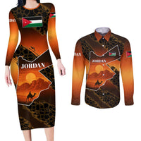Jordan Desert Sunset Couples Matching Long Sleeve Bodycon Dress and Long Sleeve Button Shirt with Camel and Traditional Geometric Pattern