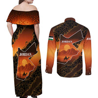 Jordan Desert Sunset Couples Matching Off Shoulder Maxi Dress and Long Sleeve Button Shirt with Camel and Traditional Geometric Pattern