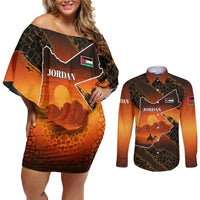 Jordan Desert Sunset Couples Matching Off Shoulder Short Dress and Long Sleeve Button Shirt with Camel and Traditional Geometric Pattern