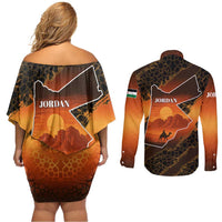 Jordan Desert Sunset Couples Matching Off Shoulder Short Dress and Long Sleeve Button Shirt with Camel and Traditional Geometric Pattern