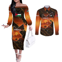 Jordan Desert Sunset Couples Matching Off The Shoulder Long Sleeve Dress and Long Sleeve Button Shirt with Camel and Traditional Geometric Pattern