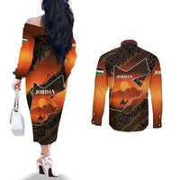 Jordan Desert Sunset Couples Matching Off The Shoulder Long Sleeve Dress and Long Sleeve Button Shirt with Camel and Traditional Geometric Pattern