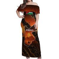 Jordan Desert Sunset Off Shoulder Maxi Dress with Camel and Traditional Geometric Pattern