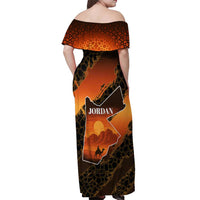 Jordan Desert Sunset Off Shoulder Maxi Dress with Camel and Traditional Geometric Pattern