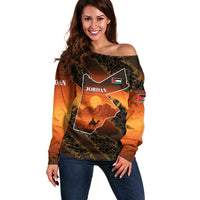 Jordan Desert Sunset Off Shoulder Sweater with Camel and Traditional Geometric Pattern