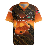 Jordan Desert Sunset Rugby Jersey with Camel and Traditional Geometric Pattern