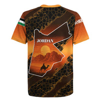 Jordan Desert Sunset Rugby Jersey with Camel and Traditional Geometric Pattern