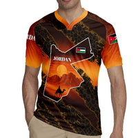 Jordan Desert Sunset Rugby Jersey with Camel and Traditional Geometric Pattern