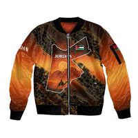 Jordan Desert Sunset Sleeve Zip Bomber Jacket with Camel and Traditional Geometric Pattern