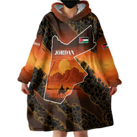 Jordan Desert Sunset Wearable Blanket Hoodie with Camel and Traditional Geometric Pattern