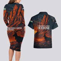 Jordan Nebo Mountain Couples Matching Long Sleeve Bodycon Dress and Hawaiian Shirt with Ibex and Desert Rock Landscape