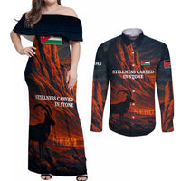 Jordan Nebo Mountain Couples Matching Off Shoulder Maxi Dress and Long Sleeve Button Shirt with Ibex and Desert Rock Landscape