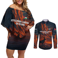 Jordan Nebo Mountain Couples Matching Off Shoulder Short Dress and Long Sleeve Button Shirt with Ibex and Desert Rock Landscape