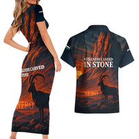 Jordan Nebo Mountain Couples Matching Short Sleeve Bodycon Dress and Hawaiian Shirt with Ibex and Desert Rock Landscape