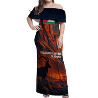 Jordan Nebo Mountain Off Shoulder Maxi Dress with Ibex and Desert Rock Landscape