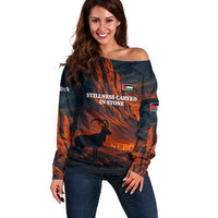 Jordan Nebo Mountain Off Shoulder Sweater with Ibex and Desert Rock Landscape