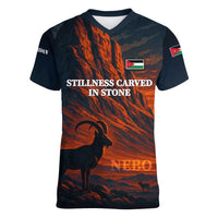 Jordan Nebo Mountain Women V-Neck T-Shirt with Ibex and Desert Rock Landscape