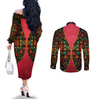 Azerbaijan Folk Floral Couples Matching Off The Shoulder Long Sleeve Dress and Long Sleeve Button Shirt with Traditional Carpet-Inspired Pattern
