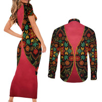 Azerbaijan Folk Floral Couples Matching Short Sleeve Bodycon Dress and Long Sleeve Button Shirt with Traditional Carpet-Inspired Pattern