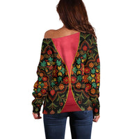 Azerbaijan Folk Floral Off Shoulder Sweater with Traditional Carpet-Inspired Pattern