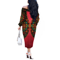 Azerbaijan Folk Floral Off The Shoulder Long Sleeve Dress with Traditional Carpet-Inspired Pattern