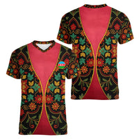 Azerbaijan Folk Floral Women V-Neck T-Shirt with Traditional Carpet-Inspired Pattern