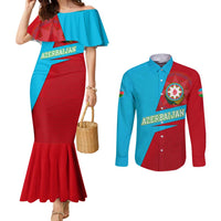 Azerbaijan National Emblem Couples Matching Mermaid Dress and Long Sleeve Button Shirt with Modern Flag Color Block Design - Wonder Print Shop