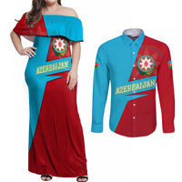 Azerbaijan National Emblem Couples Matching Off Shoulder Maxi Dress and Long Sleeve Button Shirt with Modern Flag Color Block Design - Wonder Print Shop