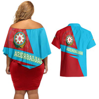 Azerbaijan National Emblem Couples Matching Off Shoulder Short Dress and Hawaiian Shirt with Modern Flag Color Block Design - Wonder Print Shop
