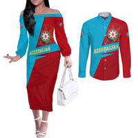 Azerbaijan National Emblem Couples Matching Off The Shoulder Long Sleeve Dress and Long Sleeve Button Shirt with Modern Flag Color Block Design - Wonder Print Shop