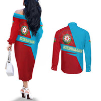 Azerbaijan National Emblem Couples Matching Off The Shoulder Long Sleeve Dress and Long Sleeve Button Shirt with Modern Flag Color Block Design - Wonder Print Shop