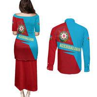 Azerbaijan National Emblem Couples Matching Puletasi and Long Sleeve Button Shirt with Modern Flag Color Block Design - Wonder Print Shop