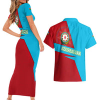 Azerbaijan National Emblem Couples Matching Short Sleeve Bodycon Dress and Hawaiian Shirt with Modern Flag Color Block Design - Wonder Print Shop
