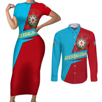 Azerbaijan National Emblem Couples Matching Short Sleeve Bodycon Dress and Long Sleeve Button Shirt with Modern Flag Color Block Design - Wonder Print Shop