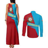 Azerbaijan National Emblem Couples Matching Tank Maxi Dress and Long Sleeve Button Shirt with Modern Flag Color Block Design - Wonder Print Shop