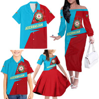 Azerbaijan National Emblem Family Matching Off The Shoulder Long Sleeve Dress and Hawaiian Shirt with Modern Flag Color Block Design - Wonder Print Shop