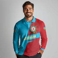 Azerbaijan National Emblem Long Sleeve Polo Shirt with Modern Flag Color Block Design - Wonder Print Shop